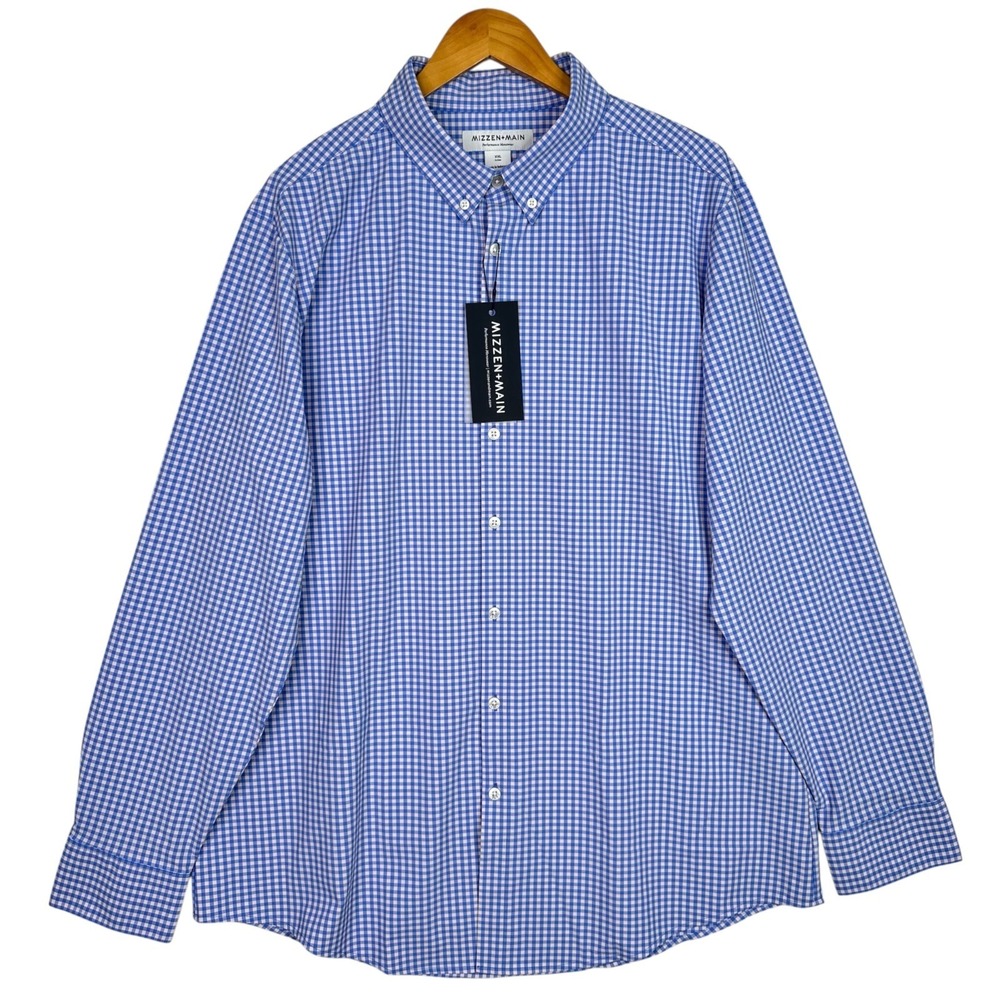 Mizzen+Main Leeward Shirt Mens XXL Trim Fit Blue Gingham Performance NWT $125